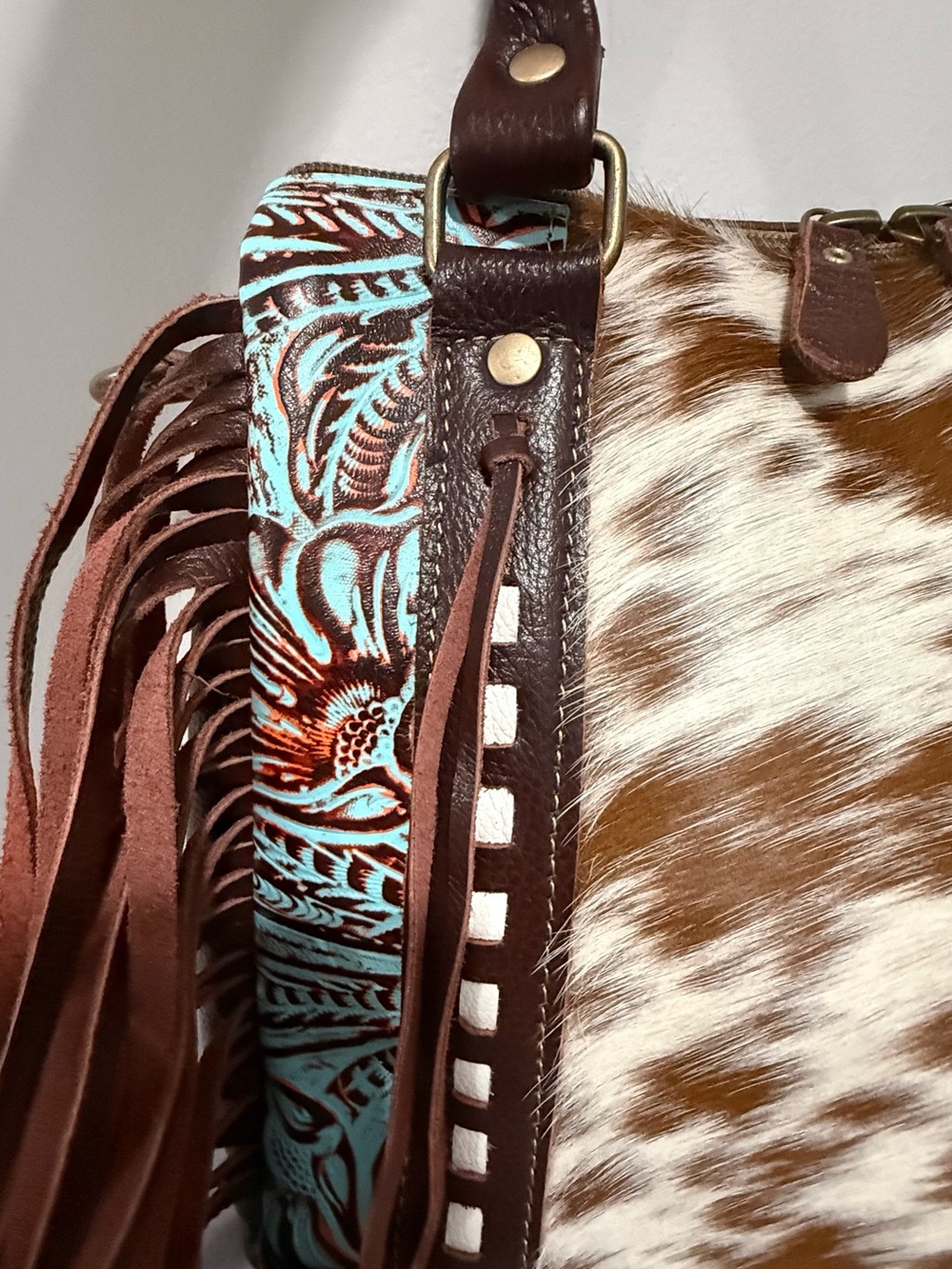 NWOT Myra Cowhide Tooled Leather Fringe Satchel CC - Picture 8 of 16